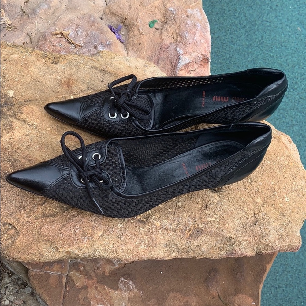 MIU MIU Prada black leather kitten heel mesh 36.5